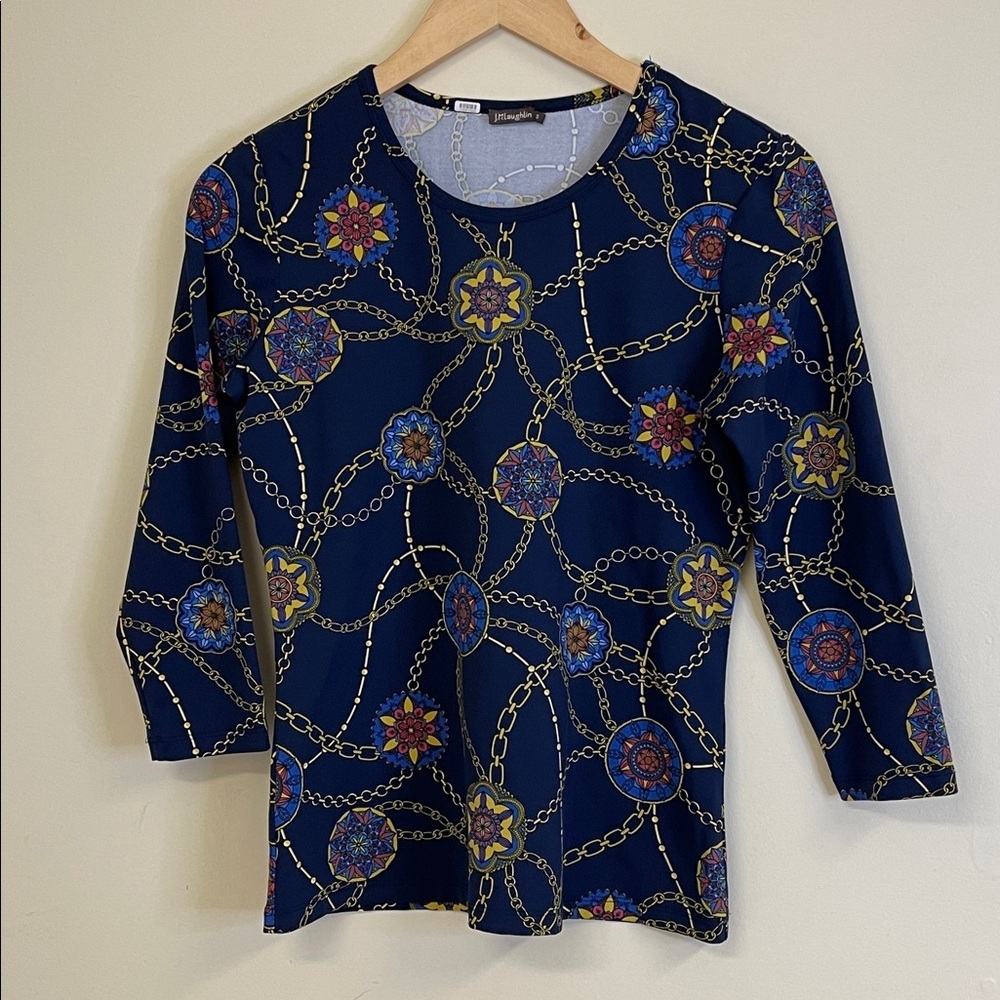 J.McLaughlin Catalina Cloth Top Size Small – Navy Chain Print 3/4 Sleeve EUC
